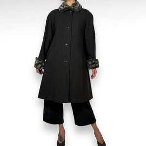 Vintage Wool Leopard Faux Fur Jacket Coat Gray Winter Preppy Casual Size Small